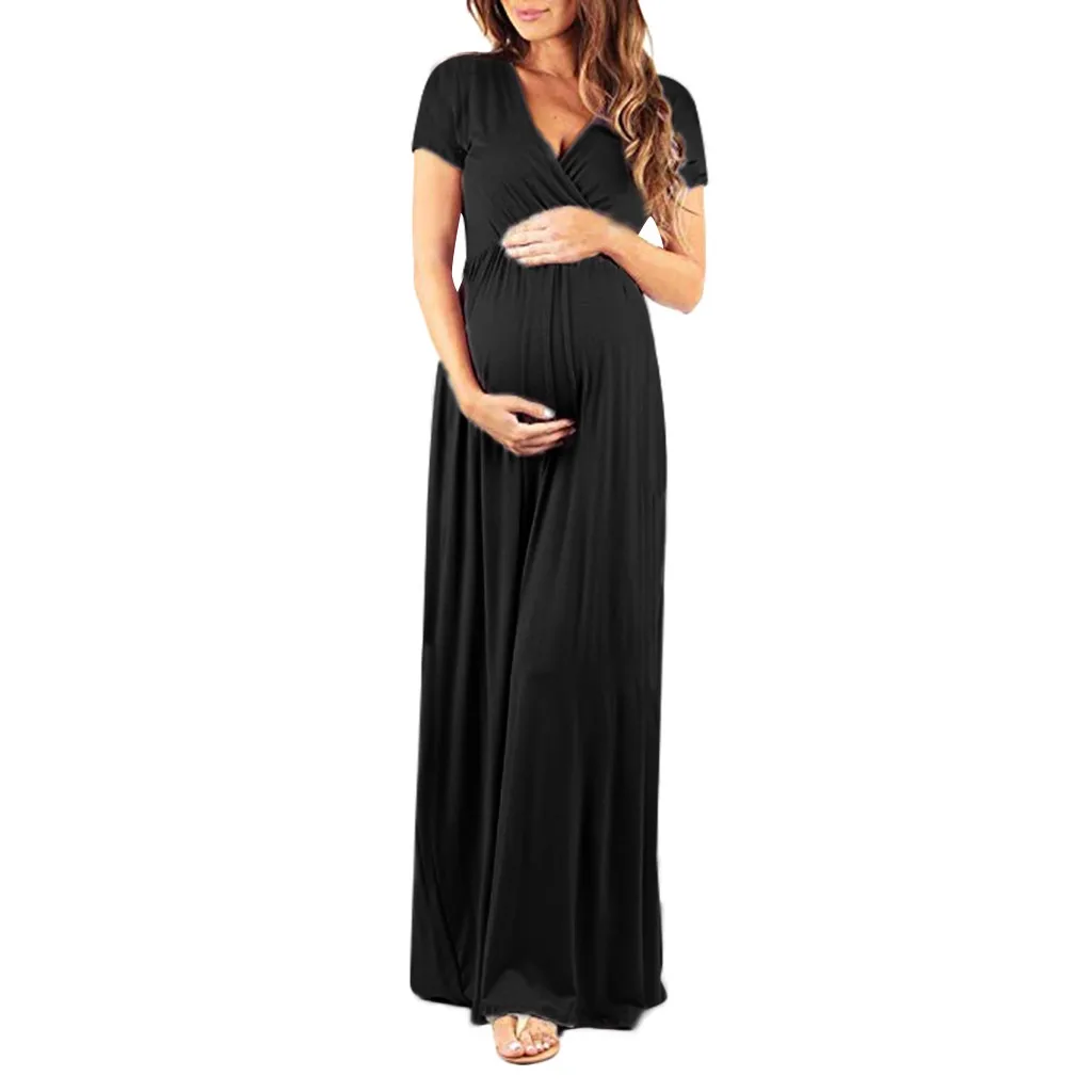 Новые платья для беременных, летнее элегантное однотонное длинное платье, одежда для беременных женщин, повседневная одежда с вырезом