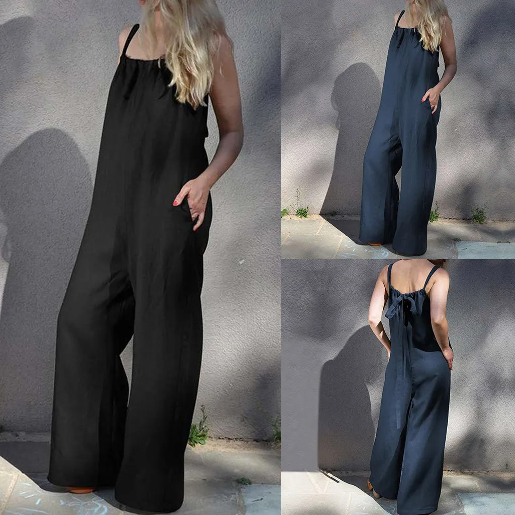 

Women Summer Loose Bib Pants Jumpsuit Romper Female Plus Sleeveless no back casual wide leg pants jumpsuit enterizos for mujer