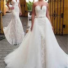 Очаровательное милое декольте 2 в 1 Бисероплетение створки свадебное платье с кружевной аппликацией Русалка свадебное платье Съемная юбка