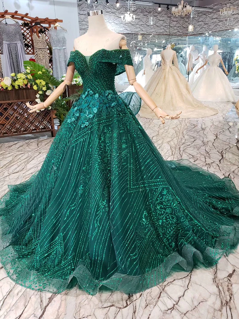 HTL240 robe de soiree green lace evening dresses long off the shoulder beaded sweetheart A-line formal party dress court train