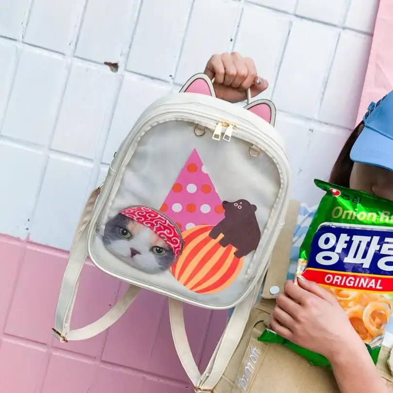 Women backpack Candy Color Transparent Bag Lovely Ita bag Cat Ear PU Leather Backpacks Women Bags for Schoolbags Teenage Girls Women backpack Candy Color Transparent Bag Lovely Ita bag Cat Ear PU Leather Backpacks Women Bags for Schoolbags Teenage Girls