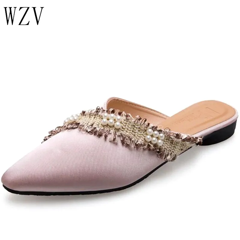 

2019 New Women Slippers SquareToe Pearl Mules Shoes Woman Summer Square Heel Slides Slip on Outside Beach Flip Flop Shoes E854