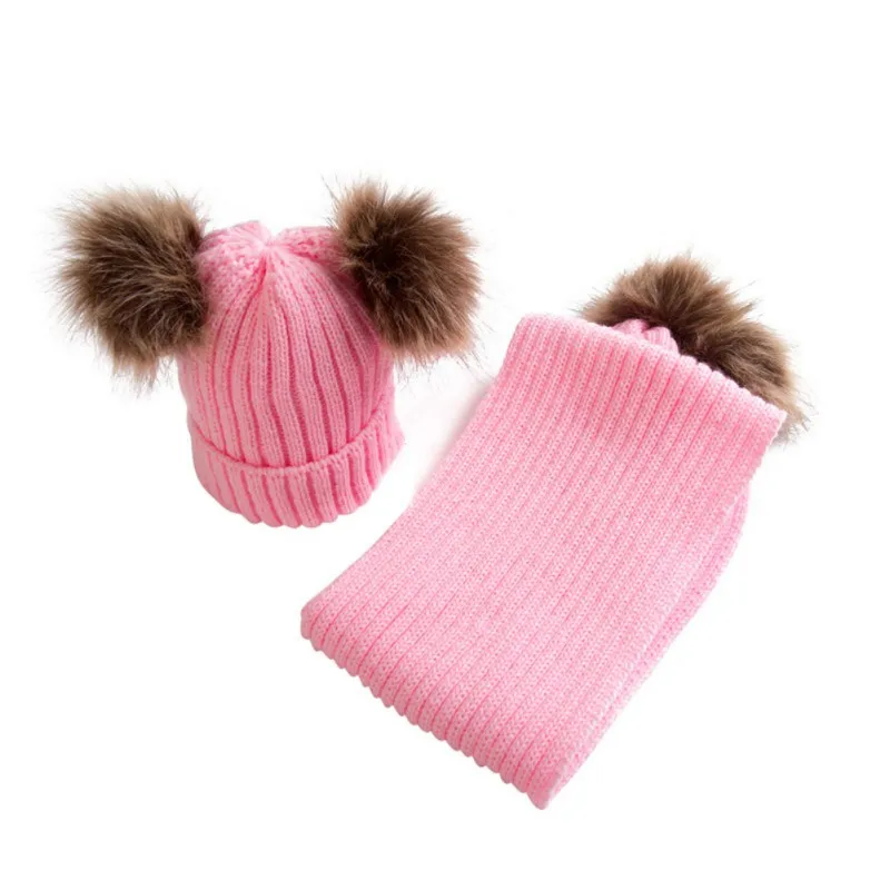 Детская трикотажная шапка из 2 предметов+ вязаный шарф для новорожденных, одноцветная шапка с меховым шарфом для новорожденных девочек и мальчиков