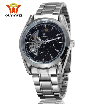 

2016 in New Ouyawei Brand Mechanical Self Wind Mens Watch Wristwatch Luxury Stainless Steel Band Black Dress Fashion Watches