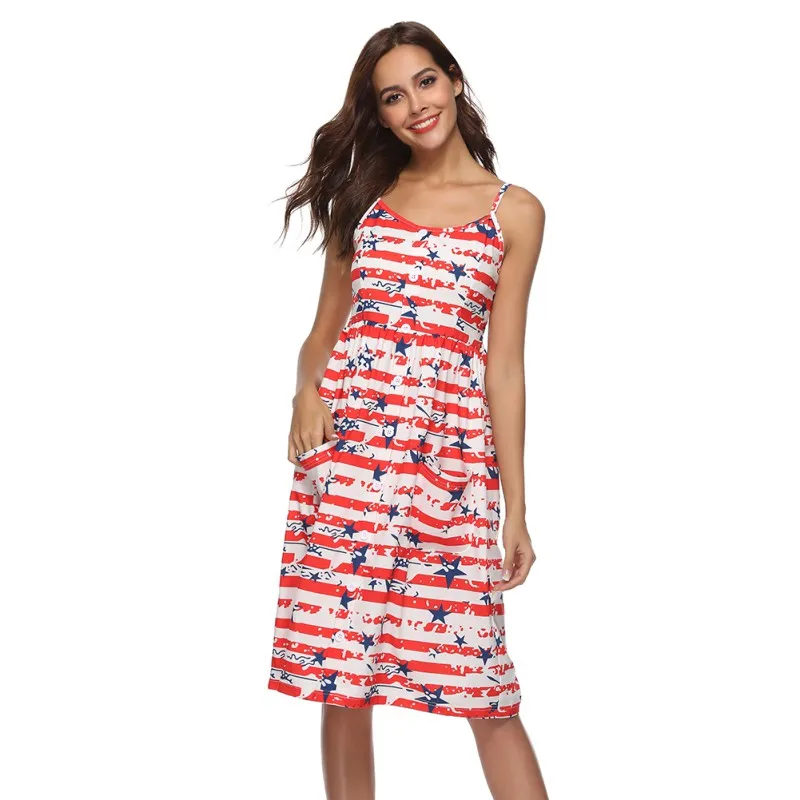 Print Star / Dot Spaghetti Strap Summer Dress Summer Elastic Dress