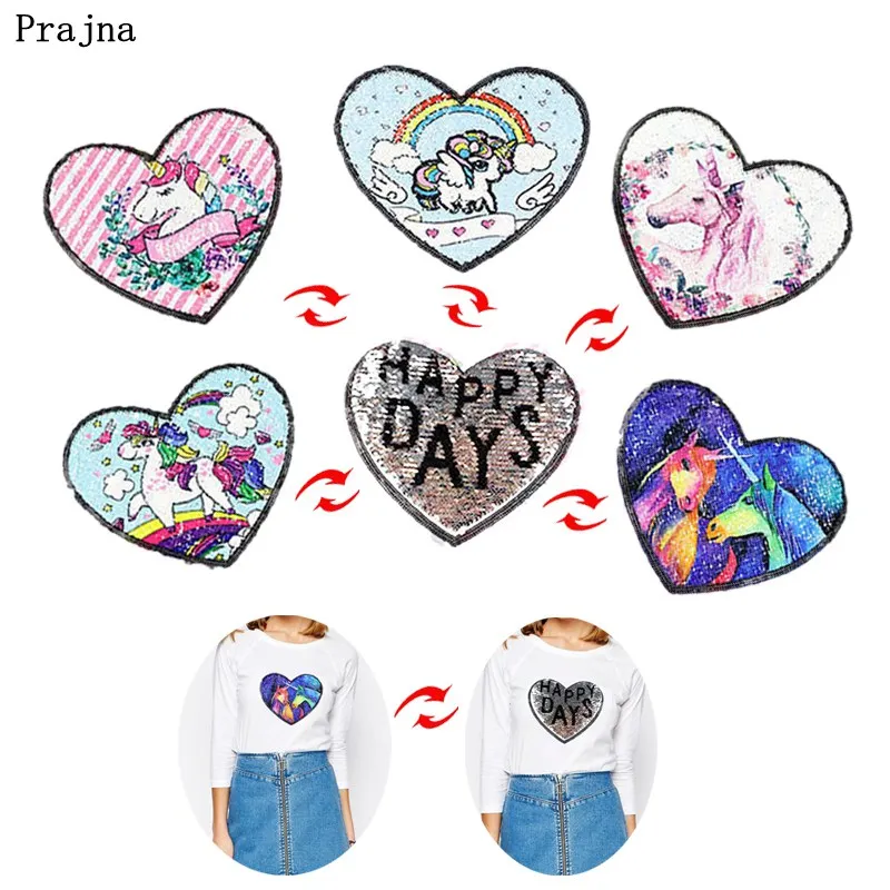 

Prajna Unicorn Patch Reversible Sequin Patches Heart Two Color Accessories DIY Clothing Iron On Patches For Dress Bags Badges