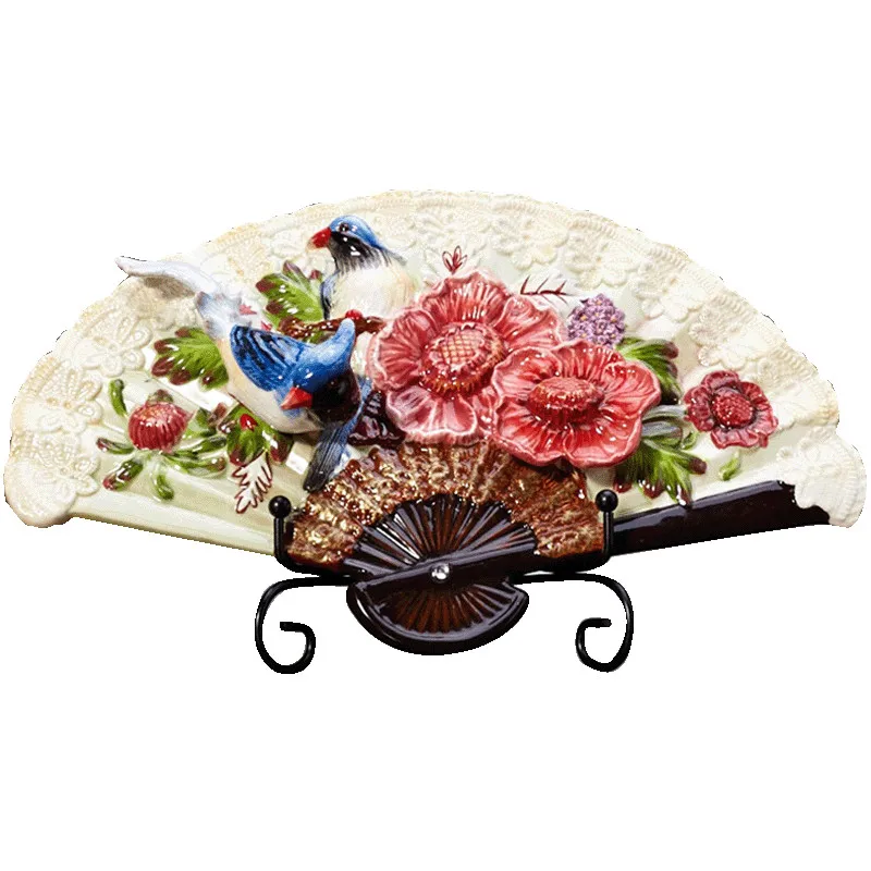 

Handpainted Blue Pheonix Peach Flower Fan Plate Hanging Wall Plate Decorative Plate Ceramic Hanging Tray American Garden Plate