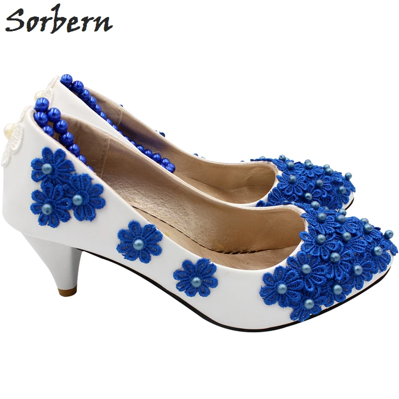 

Sorbern Royal Blue Flowers Beading Straps White Wedding Shoes Kitten Heels Bridal Shoe Embellishment Shoes Pumps Designer Shoes
