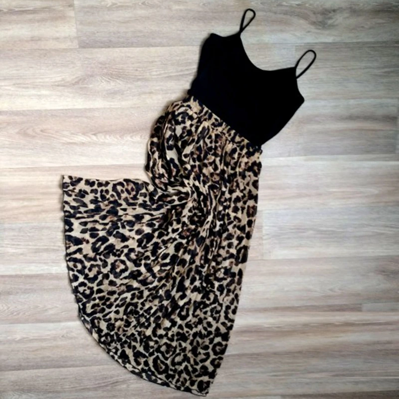 Stinlicher Fashion Women Summer Beach Leopard Casual Chiffon Max Skirt Pleated Long Skirt Ladies Elastic Waist Long Skirt