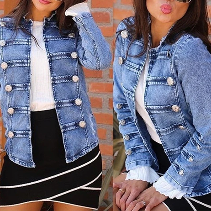 المرأة مزدوجة الصدر Steampunk من القوطية فاسق الجينز الدنيم سترة معطف أزرق فاتح