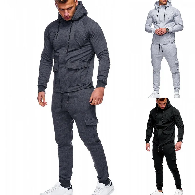 Litthing, модный весенний комплект из 2 предметов, мужской Однотонный свитер+ штаны, спортивные костюмы, повседневная спортивная одежда с карманами и завязками