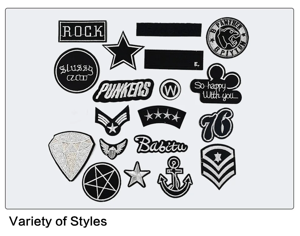 Black Embroidery Iron On Patches Stars Anchor Diamond Panther Punk Rock Patch DIY Badges For Clothes Jacket Clothing-(5)ZF021-ZF040