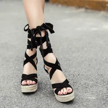 Г., летние женские босоножки пикантные черные удобные туфли на танкетке с перекрестными ремешками на лодыжках на Высоком толстом каблуке женские сандалии-Эспадрильи