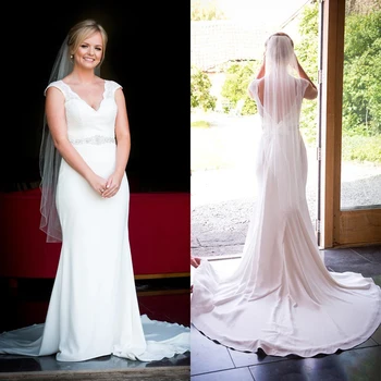 

Sexy Boho Wedding Dresses Beach 2019 Lace Chiffon Cap Sleeves Crystal V-Neck Open Back Elegant Bridal Gowns Robe De Mariee