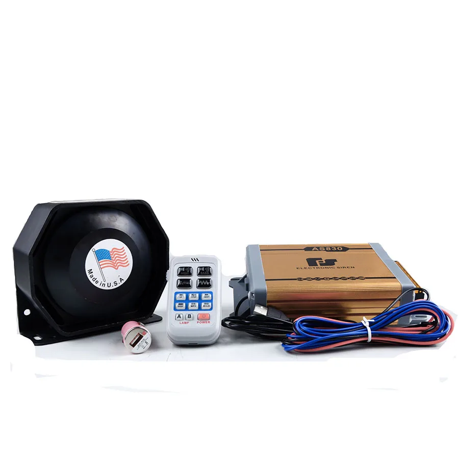 200W Police Siren 11 Tone Car Siren Electronic Horn Gold AS830 Car Alarm Siren Ultra Slim Speaker Wireless Remote Control