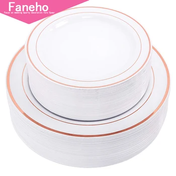 

50pc Disposable Plastic Plates,25-10.25" Dinner Plates and 25-7.5" Plates Combo - Rose Gold Trim Real China Design