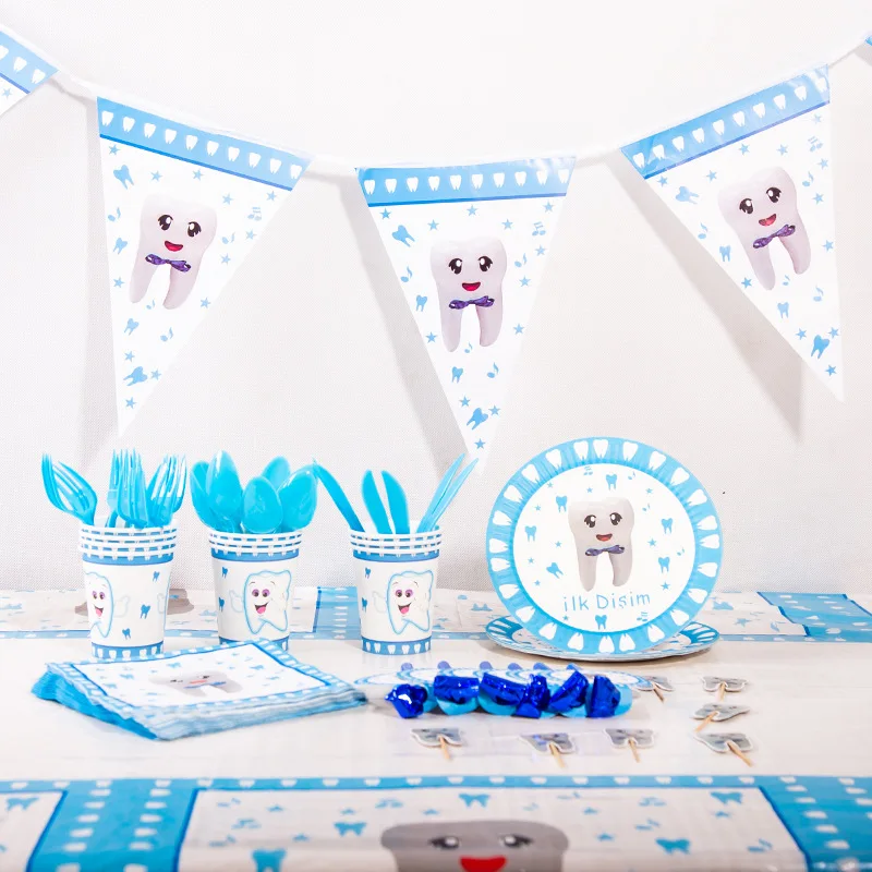 Синие розовые зубы тема детская вечеринка день рождения девочки мальчики одноразовые посуда бумажные тарелки и соломки салфетки для стаканчиков вечерние принадлежности