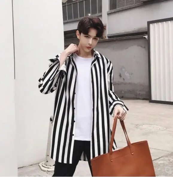 

2018 Spring New Men Korean personality stripe medium-long shirt hairstylist Fashion Long sleeve male clothing costumes M-XL