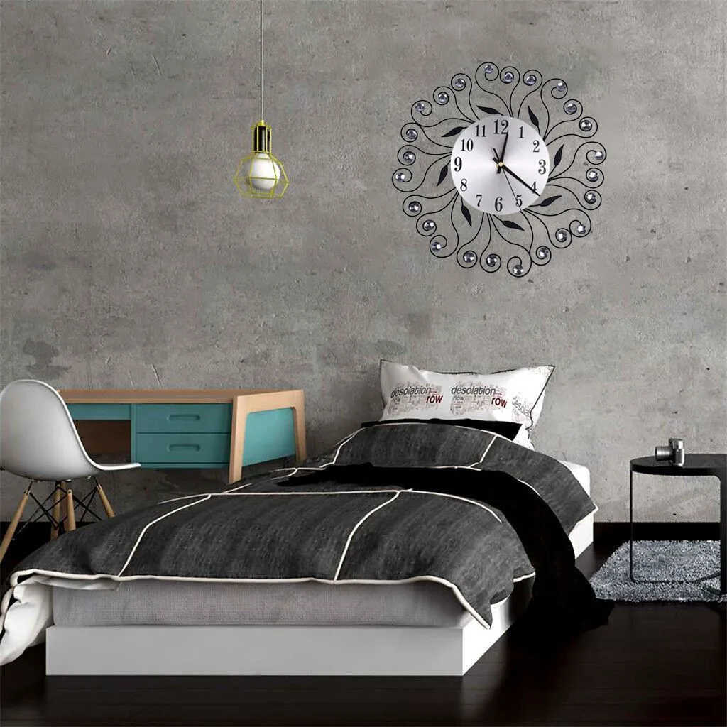 Wall Clock Wrought Iron Diamond Fashion Bedroom Silent Metal Wall Clock Decor watch still life clocks home decoration 19jul11