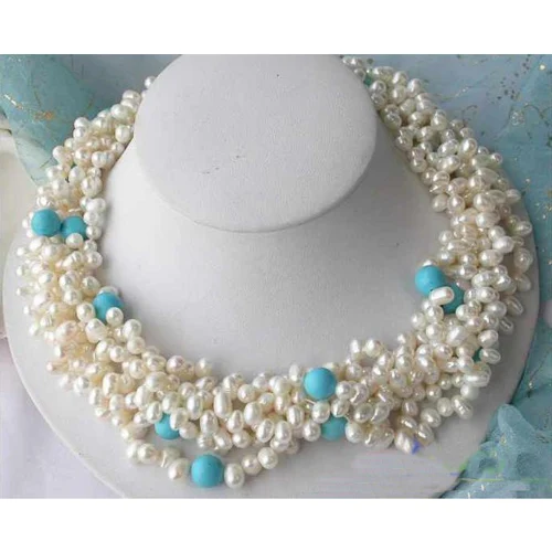 Handmade Real Pearl Jewellery,5Rows 18inches Turquoises White Rice Freshwater Pearl Necklace,Perfect Women Birthday Gift Handmade Real Pearl Jewellery,5Rows 18inches Turquoises White Rice Freshwater Pearl Necklace,Perfect Women Birthday Gift