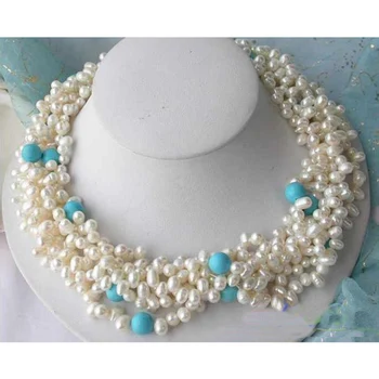 

Handmade Real Pearl Jewellery,5Rows 18inches Turquoises White Rice Freshwater Pearl Necklace,Perfect Women Birthday Gift