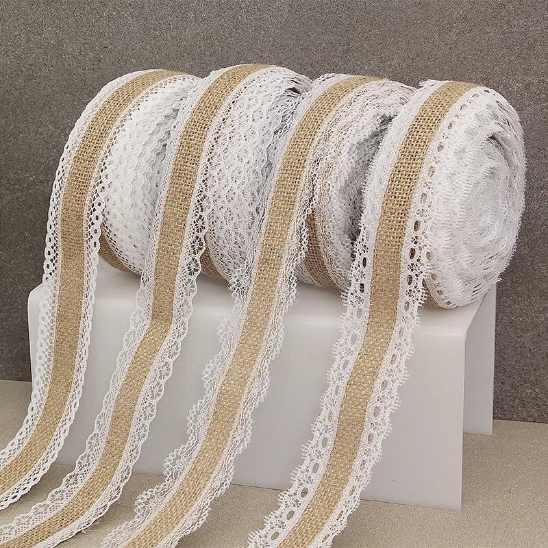 2,5 см* 2 м/рулон Натуральный Джут Мешковина Hessian лента с хлопковым кружевом DIY отделка Ткань для шитья Свадебные украшения