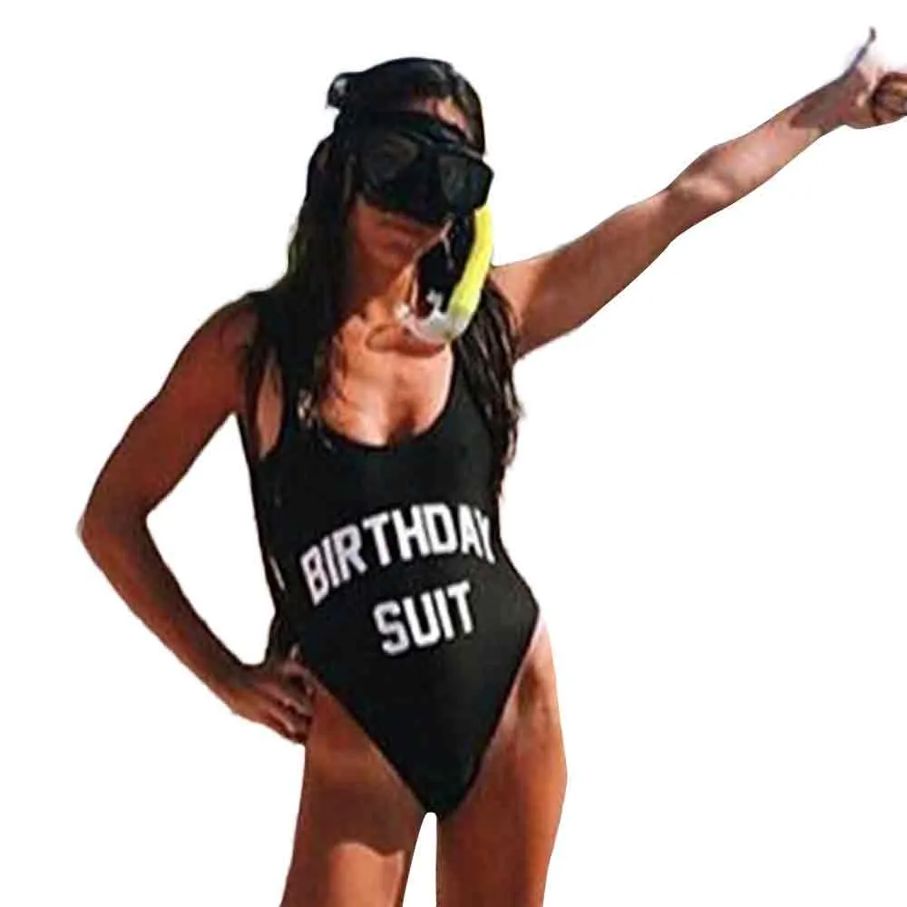 

2017 Women Solid Color Letter One-piece Swimsuit Backless Swimwear