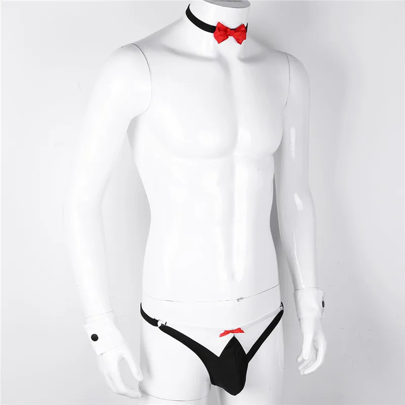 TiaoBug Мужское нижнее белье Красный галстук для смокинга стринги с браслеты ремни дворецкий официант гей белье набор мужской сексуальный костюм