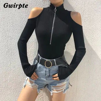 

Gwirpte Turtleneck Body Women Hollow Out Shoulder Long Sleeve Bodysuit Zipper Black Autumn Winter Bodycon Cotton Knitting Body