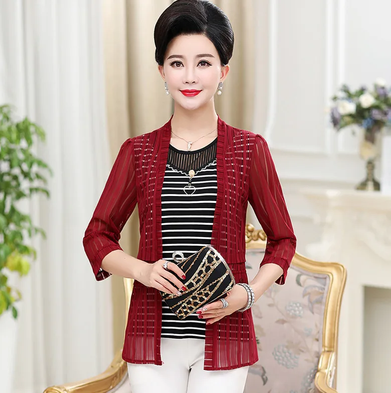 

fall middle age women tops three quarter sleeve tshirt 2019 new mesh stripe fake two pieces t-shirts plus size mom tee shirt