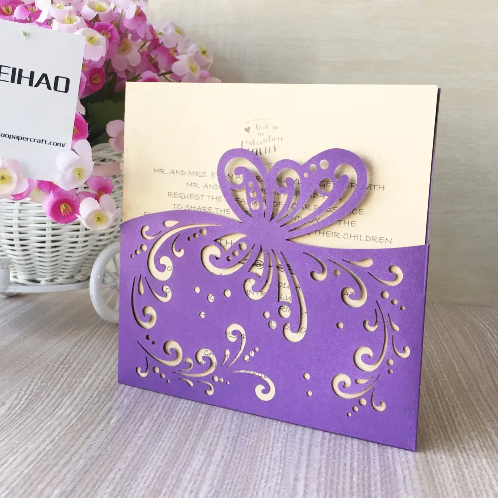 50pcs/lot Laser Cut Dark Purple Butterfly Wedding Invitations Card