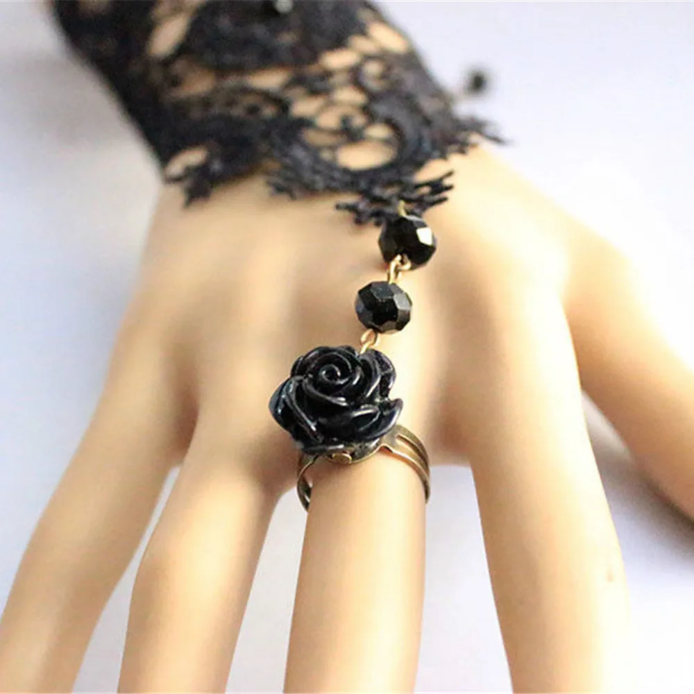 Винтажный Шарм стимпанк Черный Браслет из белого кружева ретро готический Цветок розы палец рука цепь ЖГУТ браслет браслеты