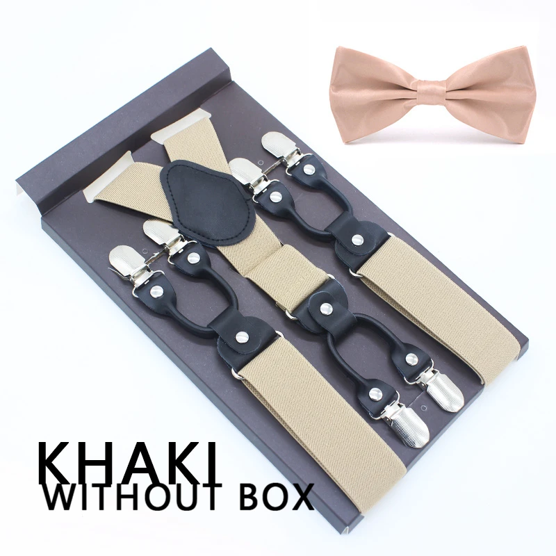 KHAKI Мужские подтяжки набор новые подтяжки с галстуком-бабочкой винтажные повседневные 6 зажимов подтяжки брюки ремень подарок для отца/мужчины - Цвет: KHAKI