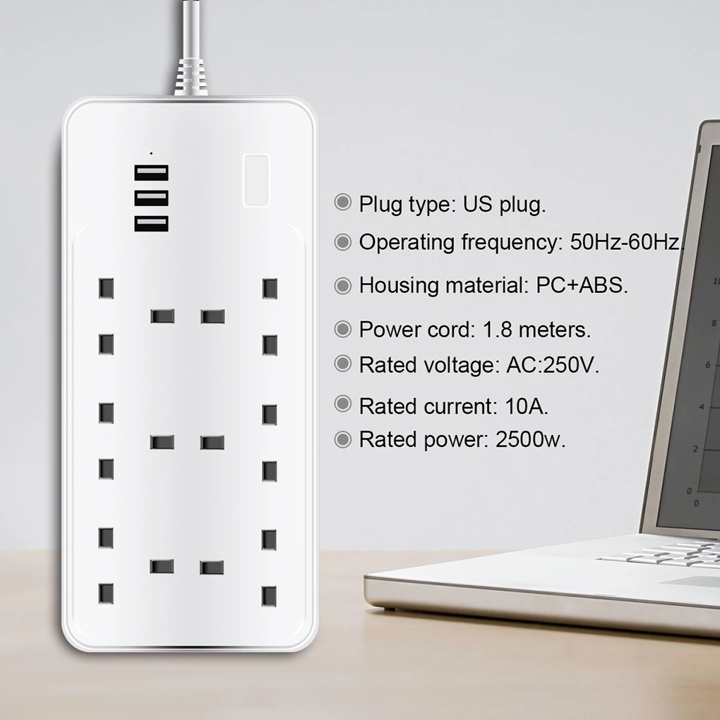 

USB Desk Wall Power Strip Smart UK Plug Overload Switch Surge Protector 6 Outlet 3 Port USB Charger 1.8m