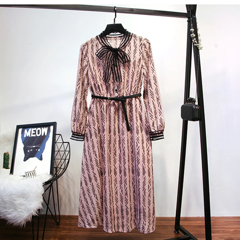 

HIGH STREET New Fashion 2019 Summer Designer Runway Dress Women's Long Sleeve Bow Collar Jacquard Mid-calf Dress