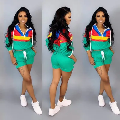 

2019 Women Zipper Up Patchwork Long Sleeve Trench Shorts Drawstring Suit 2 Piece Set Sporting Safari Tracksuit Outfit 5 Colors