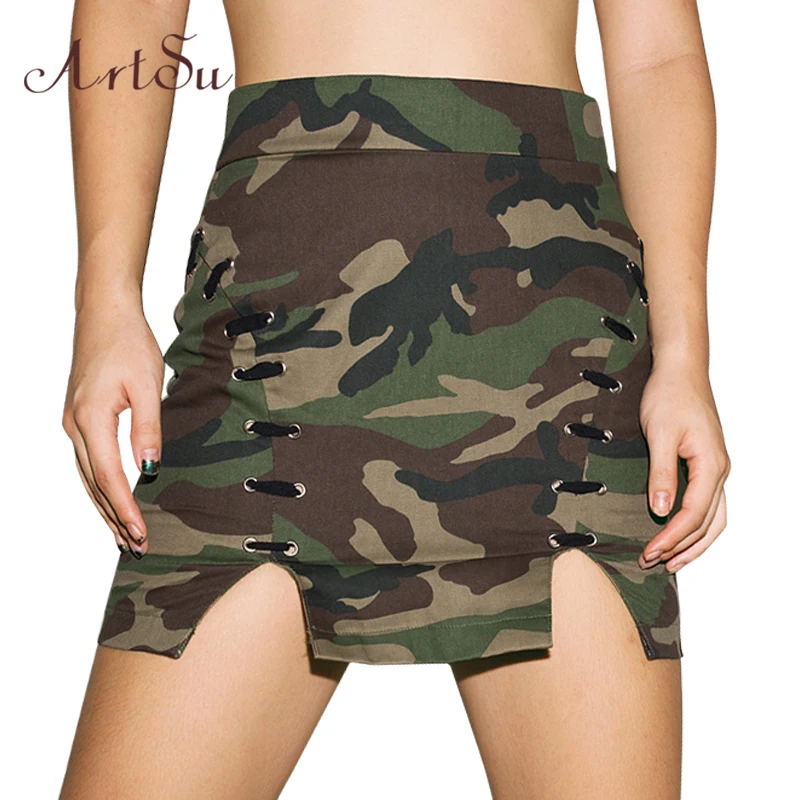 Buy ArtSu Camouflage Mini Skirts Lace Up Fashion High Waist Harajuku Skirt