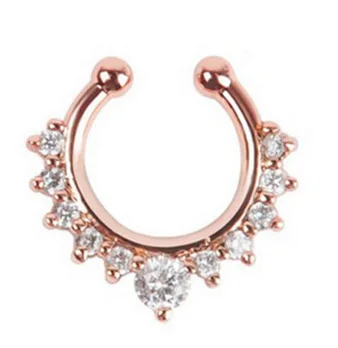 Сплав кольца для носа поддельный пирсинг Jewelry перегородка для кликера клипса на дешевые нос Piecing кольцо со стразами - Окраска металла: Rose Gold
