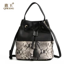 Qiwang, панельная женская сумка-ведро, ручная сумка из натуральной кожи для женщин, известный бренд, змеиная кожа, сумки через плечо для девушек, с верхней ручкой