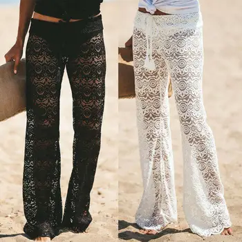 

2019 Summer Sexy Beach Wear Women Pants See-through Flare Pants Lace Pants Female