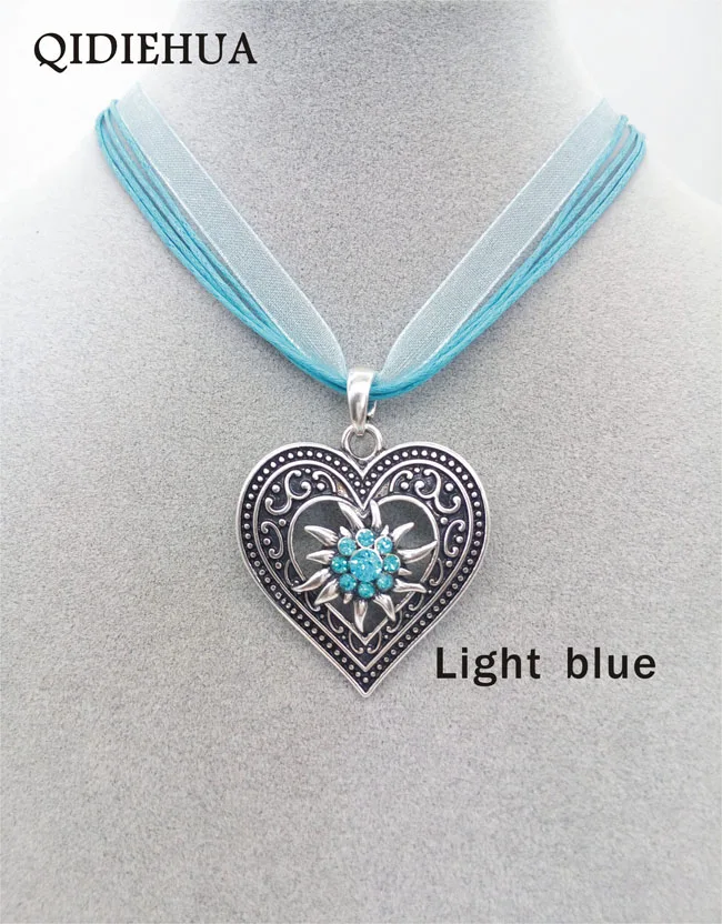 Античное серебро любовь подвески для ожерелья в форме сердца Октоберфест Эдельвейс массивное ожерелье для женщин блестящий камень лента шнур чокер