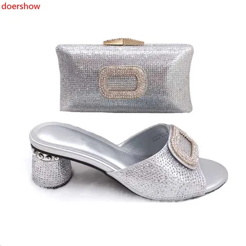 

doershow Women Shoes and Bag Set In Italy silver Color Italian Shoes with Matching Bag Set Decorated with Rhinestone!HLM1-13