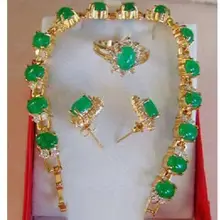 Симпатичный AAA зеленый нефрит 18KGP ссылка браслет, серьги, кольцо набор