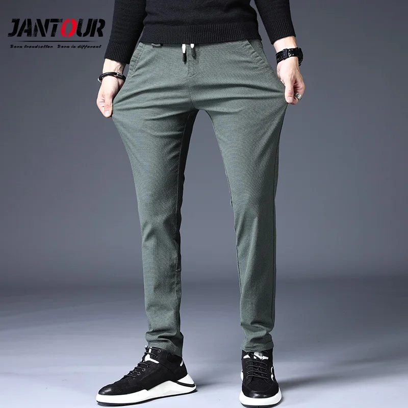 

Jantour 2019 New Autumn Winter Mens Casual Pants thick Black Gray Green Color Man's Slim Fit Male Fashion Wear Brand Trousers