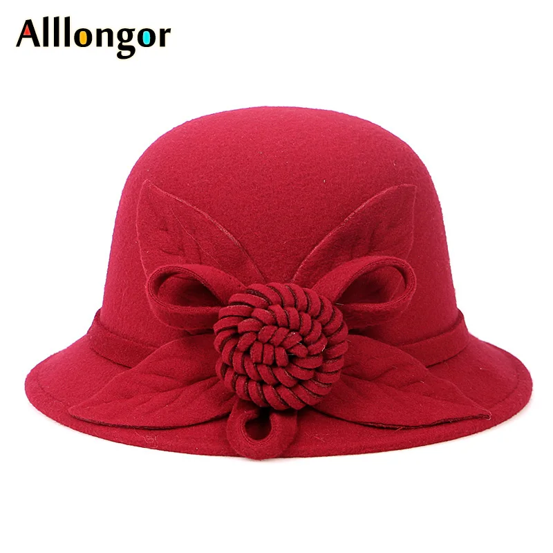 

2019 Autumn Winter derby hat Women Elegant Floral Solid sombrero mujer Fedora Hat ladies Formal Vintage Wool Felt Bowler Hat Red