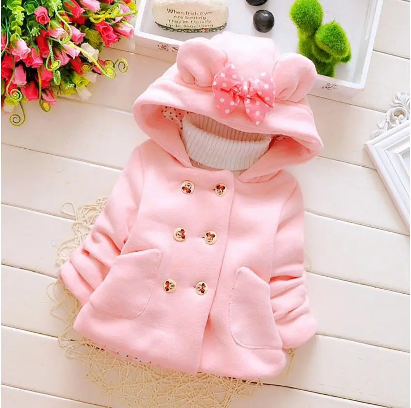 Высокое качество; коллекция года; осенне-зимняя верхняя одежда для маленьких девочек с Минни и бантом; милая куртка для девочек; детское плотное шерстяное пальто - Цвет: Розовый