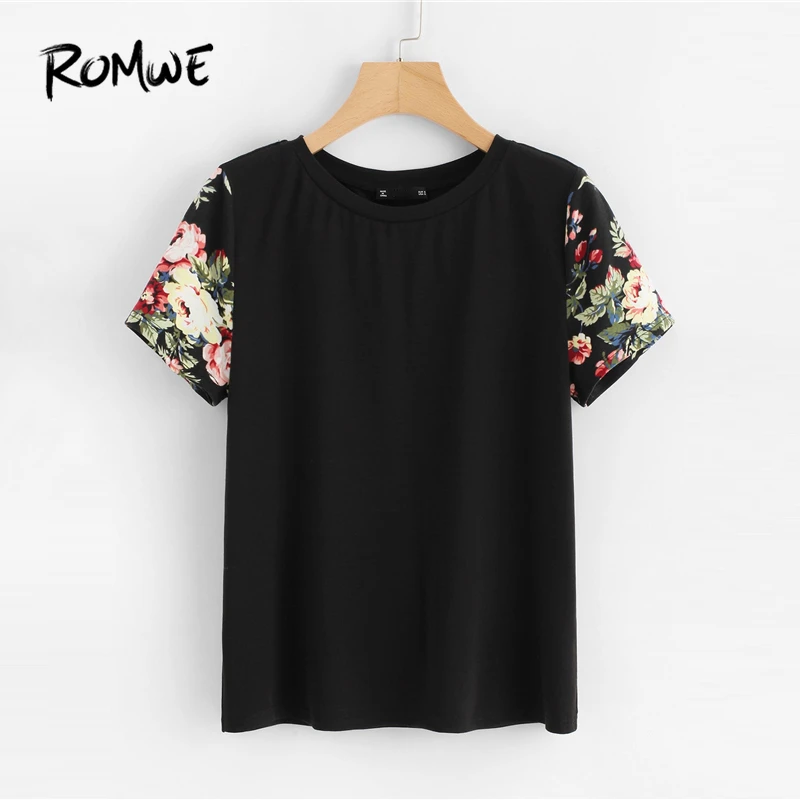 

ROMWE Floral Print Sleeve Tee 2019 Swish Short Sleeve Korean Clothes Black T Shirt Fashion Summer Round Neck Women Tops