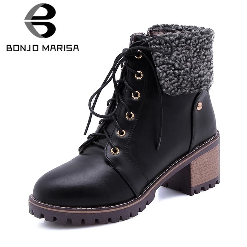 

BONJOMARISA 2018 Winter Big Size 33-43 Elegant turned-over-edge Ankle Snow Boots Women Platform High Heels Boots Shoes Woman