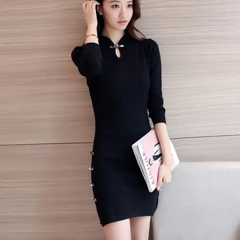 Женское трикотажное платье свитер с разрезом и длинным рукавом|vestido feminino|mini dresswomen