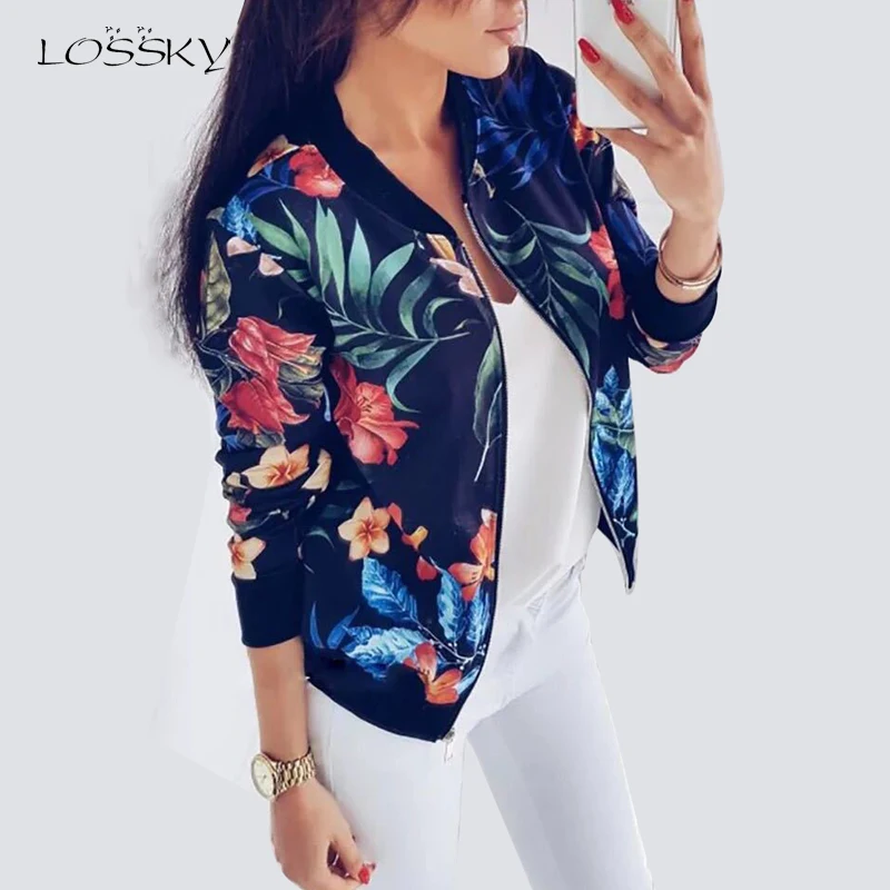 Beste LOSSKY 2018 Bloem Print Fall Jas Vrouwen Basic Jassen Lange Mouwen Zipper Bomber Jassen Casual Jas Herfst Winter Vrouw Kleding